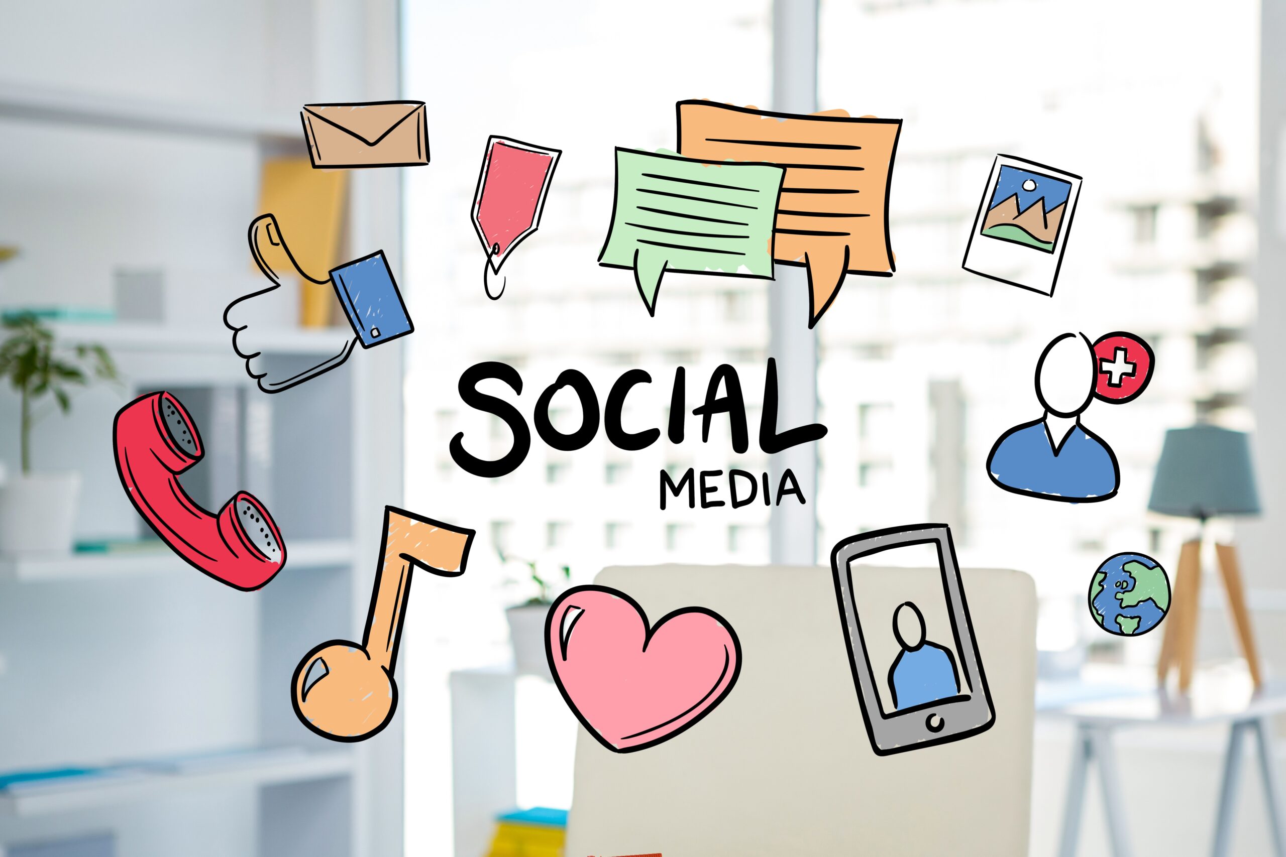 digital composite of social media graphics with office background